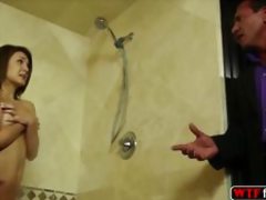 Petite blonde Jojo Kiss seduced her best friend stepdad and deepthroat his cock inside the shower